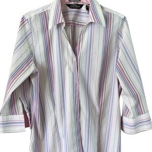 Eddie Bauer Pink and Blue Striped Button Down Blouse 3/4 Sleeves Size Large